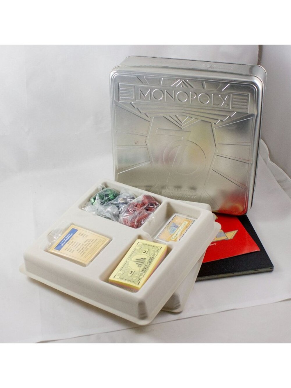 Monopoly 70th Anniversary Edition 2005 Game & Art Deco Embossed Metal Tin